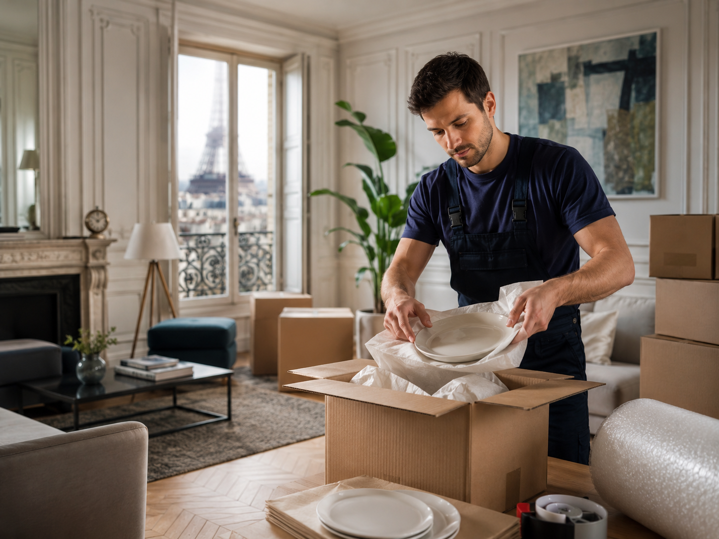 Packing service inside a Paris apartment
